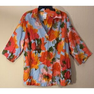 Joie Tunic Top Pullover 1X LinenBlend 3/4sleeve Tropical Floral Lagenlook Resort